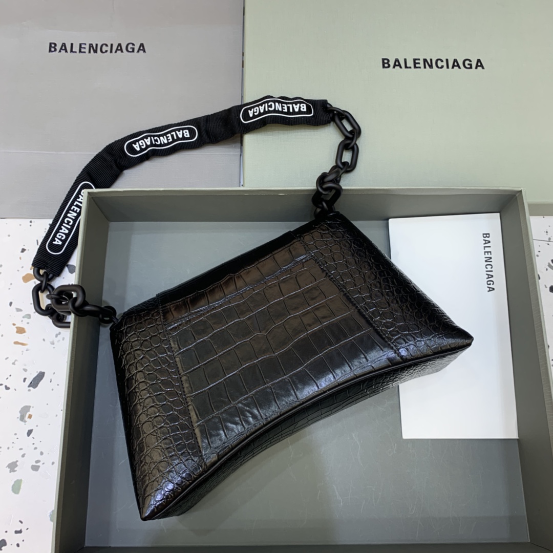 Balenciaga Downtown Small Shoulder Bag With Chain Crocodile Embossed Black